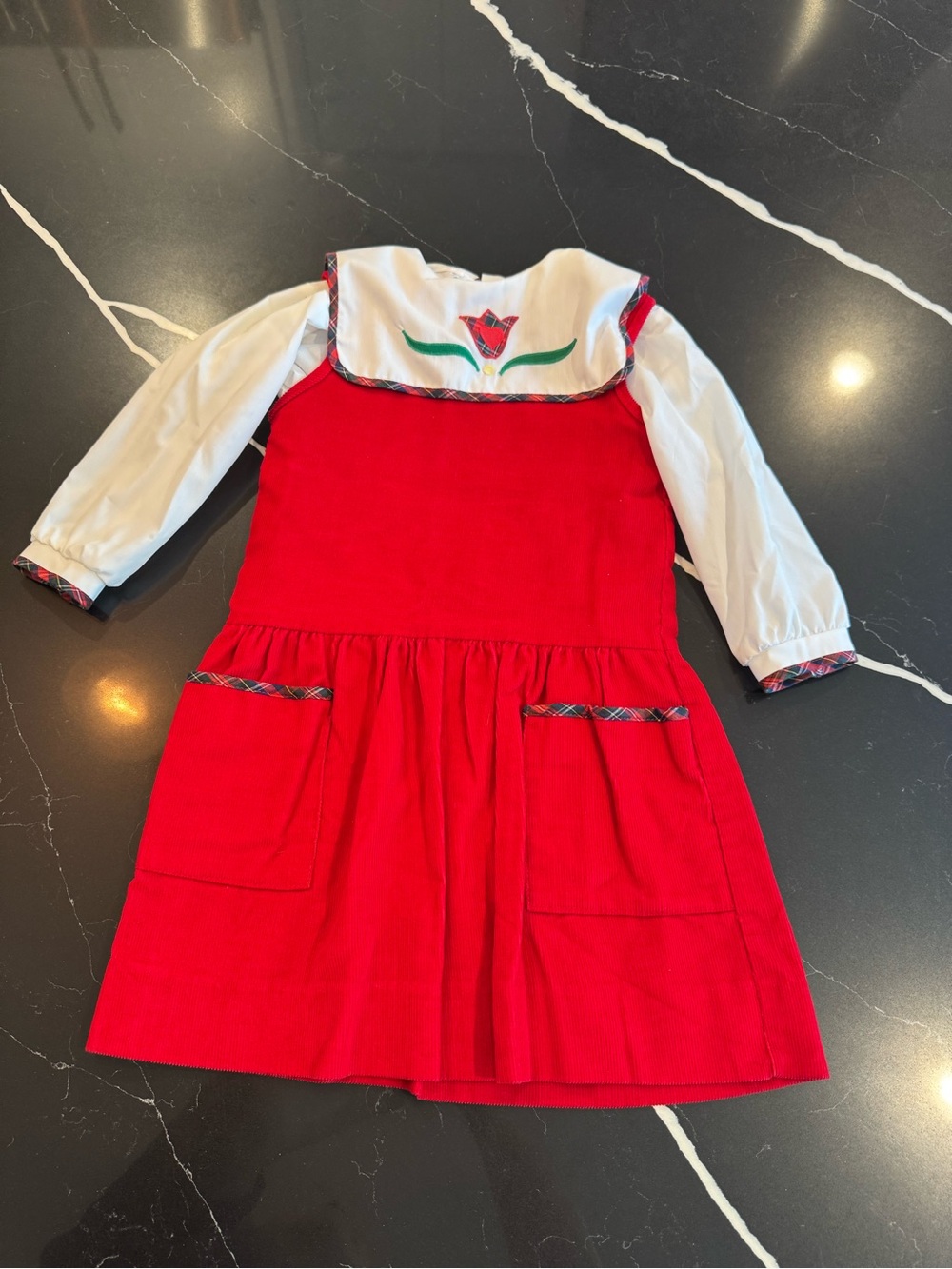 Vintage Red Corduroy Pinafore Dress with Embroidered